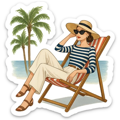 stylish girl in Riviera fashion, lounging on a deck chair with palm trees and sea in the background sticker