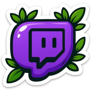 Super plump, smooth Twitch logo, cartoon style, thick black outline, expressive shadows, glossy highlights, surrounded by bright leaves, no background. Emphasize rounded shapes, contours, and shine, matching the reference style. sticker