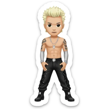 Billy Idol with platinum blonde hair, black sequin baggy pants, shirtless with necklace sticker