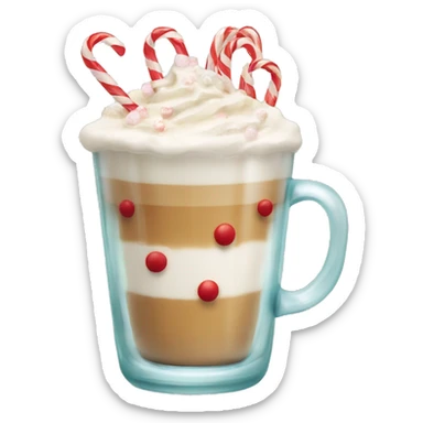 A glass with latte inside with small candy canes ornaments on the glass sticker