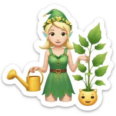 elf female tending to glowing beach plants, floral sundress, watering can or magic light, pointy ears, gentle smile, centered emoji, pastel magic sticker