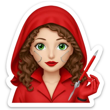 Lilith symbol sexy evil woman. She has green eyes.  had brown long curly hair.  evil surgeon kills with scalpel wears red sexy doctor coat with red mouth cover red gloves. Covers nose, neck  and mouth with Muslim red berka sticker