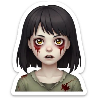 zombie 🧟‍♀️+👩🏻= girl dark hair long her shoulders bangs and ragged haircut gray eyes sticker