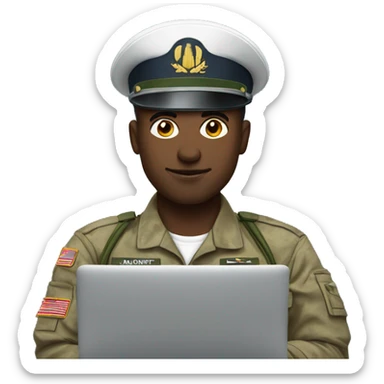 white software engineer in military uniform in front of laptop sticker