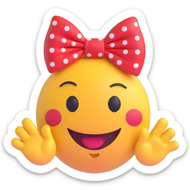 3D smiley emoji with big eyelashes, red polka dot bow, winking and waving, cheerful sticker