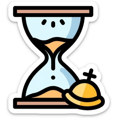 A small hourglass with just a little sand left at the bottom and a shining golden alarm bell next to it, representing a very short task sticker