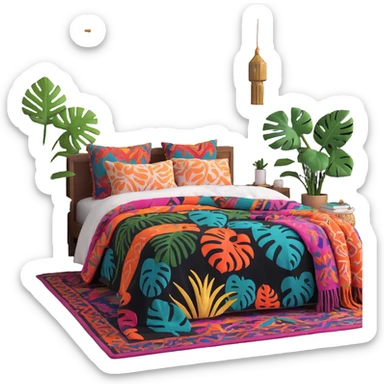 modern boho bedroom with monstera plants, colorful textured rugs, and piles of cozy blankets sticker