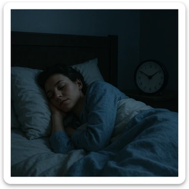 realistic illustration of a person sleeping peacefully in a bed in a dark room, with a visible clock showing 7-8 hours, creating a calm and restful atmosphere sticker
