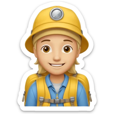 Cartoon explorer wearing a yellow cap and yellow backpack, casual outdoor outfit sticker