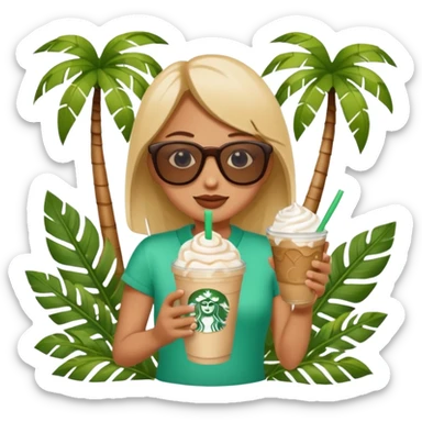 Starbucks summer with cold frappuccino, sunglasses, palm leaves, playful emoji style sticker