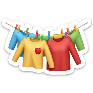 Apple-style 3D emoji showing two human hands hanging colorful clothes on a clothesline with clothespins, only hands, part of the rope, and laundry visible, bright cheerful atmosphere, clean white background, soft lighting



 sticker