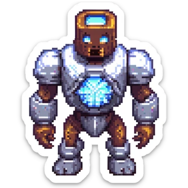 Minecraft iron golem spawner with animated sparkles, pixel art style, 8-bit look sticker