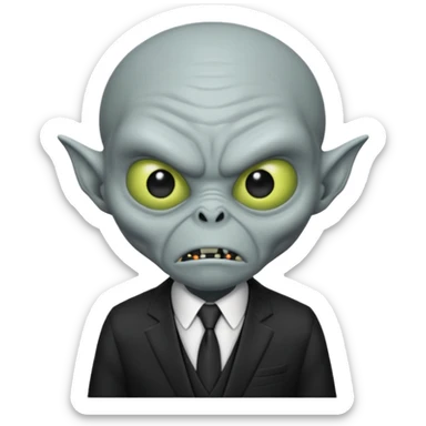 an old alien with black suit, grey skin, angry sticker