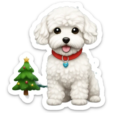 Dog Maltipoo with snow and Christmas tree  sticker