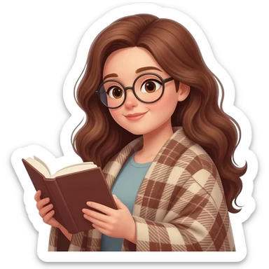 detailed emoji illustration of a curvy woman with long chestnut brown wavy hair, light brown eyes and round glasses, wrapped in a cozy plaid blanket and reading a book, calm peaceful expression, soft warm lighting, cute emoji style sticker