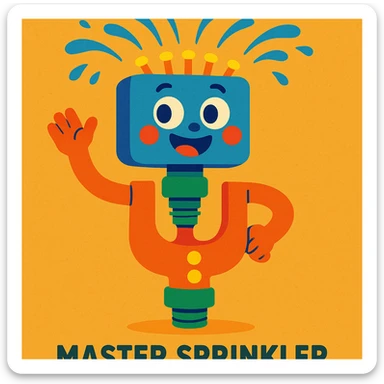 Master Sprinkler character from Grow a Garden, whimsical gardening tool with personality, vibrant colors, playful and friendly, suitable as a mascot or icon sticker