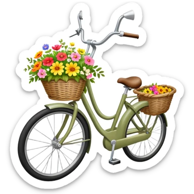 A pale olive bike with a basket and flowers in it sticker