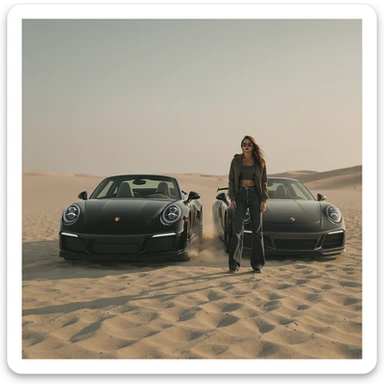 Cinematic still of a woman next to  porsche 911 on desert sticker