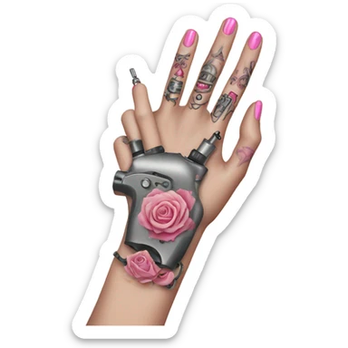 White-girl-hand with pink-tattoos holding a tattoo-machine sticker