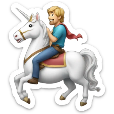 A bold guy riding a unicorn with paper in its mouth sticker