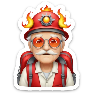 Old man wearing flaming glasses, a propeller hat, and a red backpack sticker