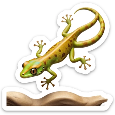 cinematic-gecko-realistic-full-body-climbing-emoji,-tiny-agile-frame-sticking-to-a-glass-surface-with-specialized-toes,-smooth-speckled-skin-in-rich-earthy-tones,-large-glistening-eyes-wide-and-watchful,-delicate-curved-tail-balancing sticker