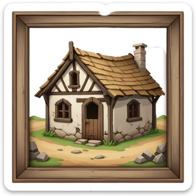 a dilapidated one-story medieval shack. it has no windows. sticker