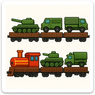 Create a realistic ordinary cargo train transporting military equipment such as tanks and trucks in a classic emoji style. This is variant 1 of the design. sticker