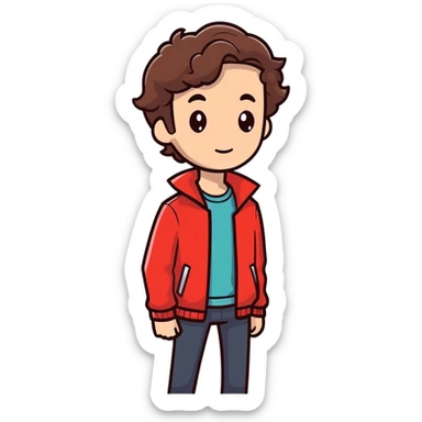 Homem de cabelo castanho ondulado usando uma jaqueta vermelha sticker