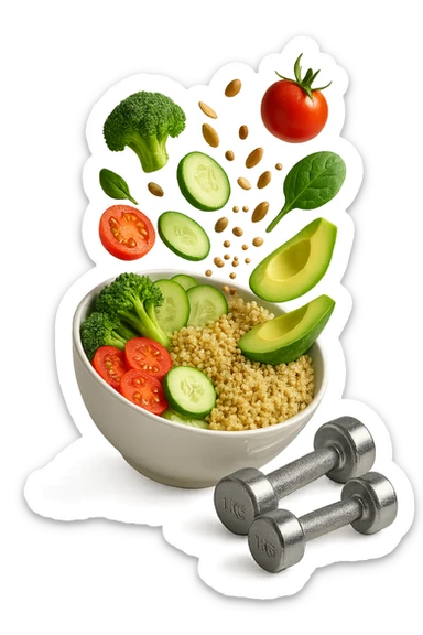 bowl bianca con cibo sano che cade dall'alto insieme a piccoli manubri da palestra in 3d, iperrealistica 4k sticker