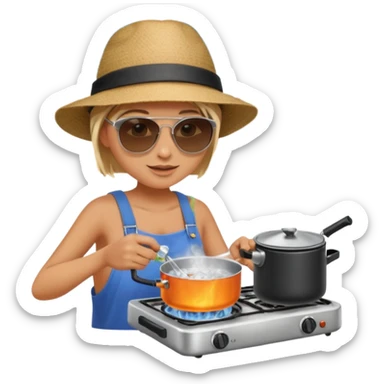 A camper boiling water on a portable stove, enjoying the outdoor breeze.
 sticker