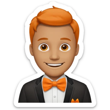 a bold man with orange bowtie sticker