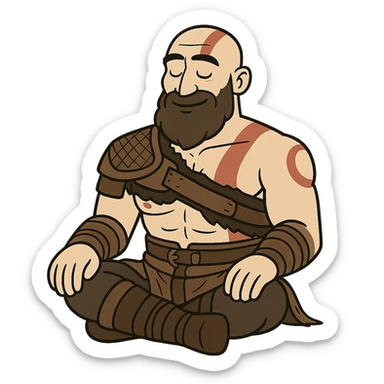Kratos, God of War, sitting calmly with a peaceful expression, stylized cartoon sticker