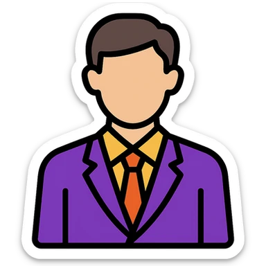guy in a purple suit, modern look, color outline icon style, black outlines, vibrant colors sticker