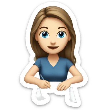 white girl studying at a white desk, brown hair, blue eyes, computer sticker