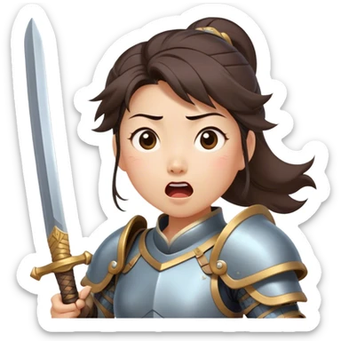 Cinematic Funny Mulan Portrait Emoji, Wearing her training armor too big, looking surprised as a sword nearly topples her over, a mix of warrior determination and hilarious inexperience, a comical yet endearing moment in her transformation! sticker