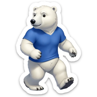 friendly anthropomorphised polar bear walking with a confident stride, wearing a royal blue t-shirt, stronger-looking sticker