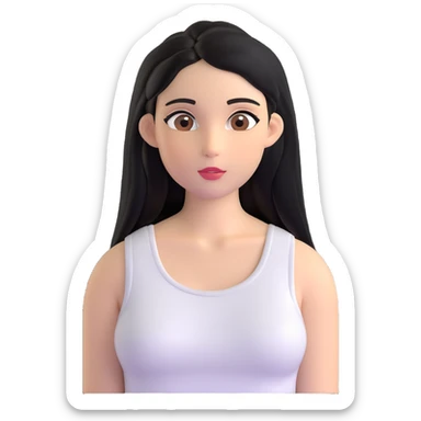 Female with straight long black hair parted in middle, beige skin, big brown eyes, natural makeup, white sleeveless top sticker