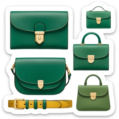 Design a banner for Patina Vita, a leather goods company. The image should showcase a collection of stylish and well-crafted finished leather products, such as wallets, bags, and belts. The background should be a textured surface in a natural tone, and the color palette should incorporate emerald green, sage green, natural leather browns, and accents of okra yellow. The overall aesthetic should be sophisticated, timeless, and emphasize the quality and craftsmanship of the products." sticker