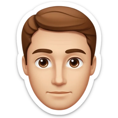 A man has brown, slightly wavy hair, an oval face, fair skin, and a soft smile. His features are smooth and balanced, with thick eyebrows, almond eyes, and a defined jawline. sticker