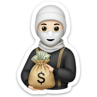 Ski mask holding money bag with white face sticker