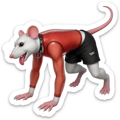 white slim guy with rat ears and rat tail in red transparent net top and black torn shorts is standing on the fours with his tongue out and wearing a leashed collar sticker