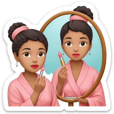 Mixed-race woman with caramel skin, wearing a pastel pink spa wrap, applying lipstick in front of a mirror sticker