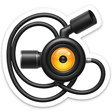 Apple emoji style icon of an endoscope. A minimalist coiled black tube ending in a glowing camera tip. Glossy, rounded, isolated on white background. sticker