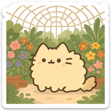 pusheen-style fluffy blonde kitten in a botanical garden greenhouse filled with flowers sticker