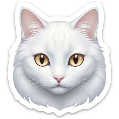 Cinematic Noble White Cat Portrait Emoji, Poised and stately, with a pristine, snow-white fur accented by delicate hints of silver, refined whiskers and a serene, focused gaze, simplified yet impeccably detailed, glowing with an ethereal radiance and timeless elegance, high shine, exuding calm intelligence and regal simplicity, soft glowing outline, capturing the essence of a noble white cat that radiates quiet majesty! sticker