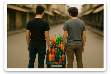 endi shu aravani bir balonchasi singan ko'rinishda va aka uka uning yonida turganini tasvirla yuzlari ko'rinmasin sticker