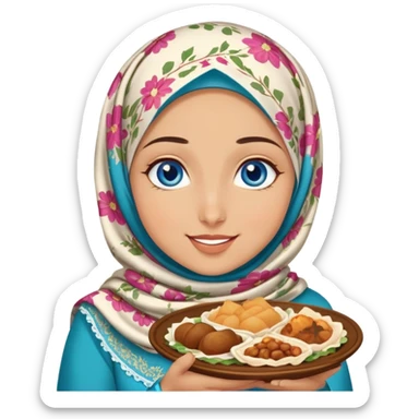 Turkish beautiful finish Konya girl blue eyes with floral hijab islamic dress and she’s savouring delicious food face sticker