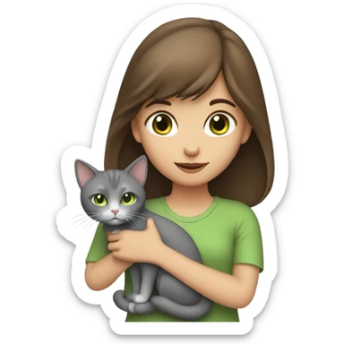 girl with brown hair and green eyes with a grey cat in her hands sticker