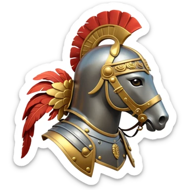 An emoji of a powerful Roman warhorse in full armor, with a feathered helmet. sticker